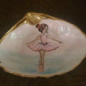 Large Ballerina Shell, Hand Painted, Not Decoupage, Gold Leaf Trim, Trinket Dish